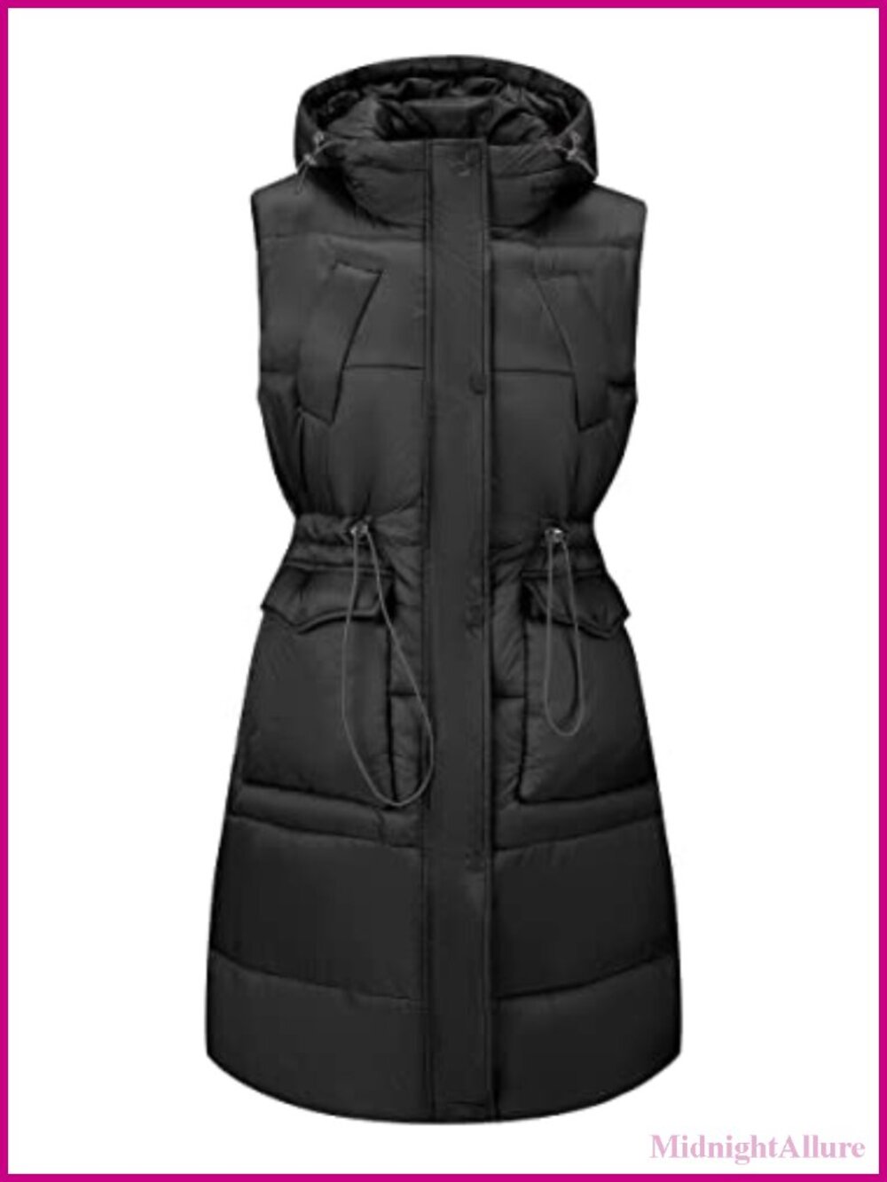 Women's Long Quilted Puffer Vest Hooded Sleeveless Zip Jacket
